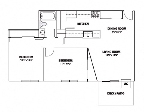 Floor plan for 2 beds, 1 bath, 925 sqft